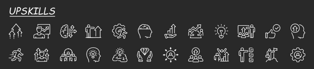 Set of line icons related to upskill, upskilling, personal growth, development, education, career. Outline icon collection.