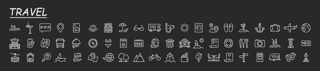 Travel and Tourism set of web icons in line style. Travel and vacation icons for web and mobile app. Airport, tickets, tour, relax, hotel, recreational rest, service. Vector illustration