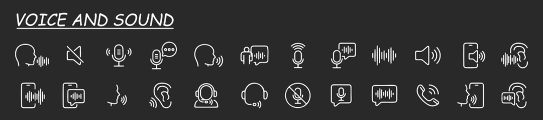 Voice and sound icon collection. Containing audio, microphone, record, podcasting, broadcasting and entertainment icons. Line icon set. Vector illustration.