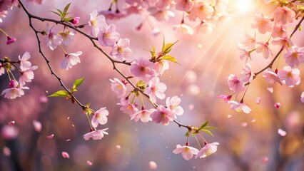 Fototapeta premium Soft pink sakura petals gently falling from a tree branch against a serene background with subtle sunlight filtering through leaves , gentle fall, springtime scene