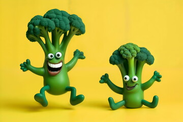 Funny broccoli characters with cartoon eyes, legs and arms, on a yellow background, illustration for children