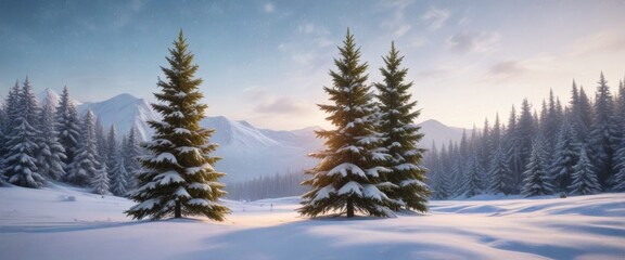 Christmas fir tree in winter landscape with snowflakes, evergreen trees, frosty, snow
