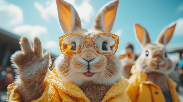A joyful family waving goodbye to the Easter Bunny mascot at the end of the festival