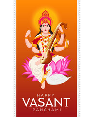 Vector illustration of Goddess Saraswati seated on a lotus with a veena, celebrating Vasant Panchami festival