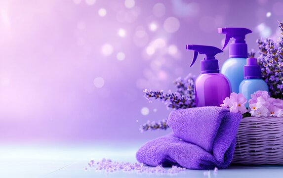 A serene arrangement of cleaning bottles, sponges, and lavender flowers on a soft, purple background, evoking a fresh and calming atmosphere.