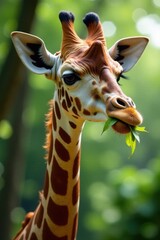 Obraz premium Giraffe with spotted neck and leaves in mouth, green, nursery