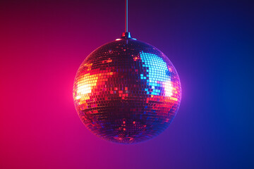 Fototapeta premium A vibrant disco ball hanging against a gradient background of pink and blue hues, reflecting colorful lights.