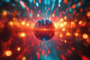 A vibrant, abstract representation of a sphere surrounded by colorful light trails, creating a sense of motion and depth. The background features a blend of red, blue, and orange hues
