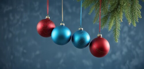 Colorful Christmas ornaments hanging from a blue background , winter, christmas decorations, christmas ornaments