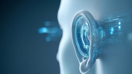 Futuristic ear technology, seamless integration of biology and circuitry in a man's