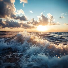 Fototapeta premium Sea wave and sun at sunset. Nature composition. Toned.