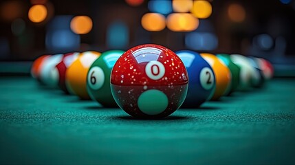 A close-up image of a green felt billiards table featuring a white cue ball in motion towards a tightly grouped triangle of colored pool balls,
