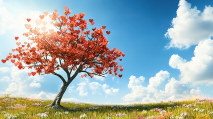 Fototapeta premium Whimsical Tree Blooms Enchanted Meadow Digital Artwork Sunny Landscape Serene Perspective Vibrant Heart Shapes