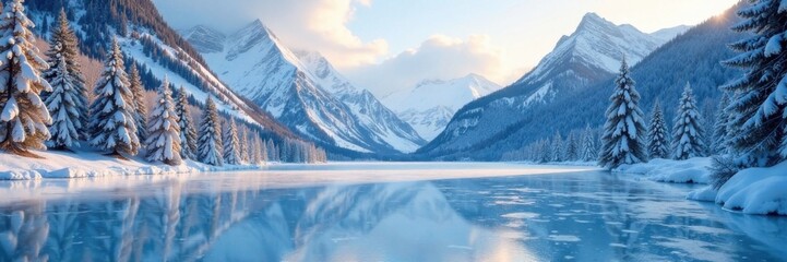 Ice skating rink in a frozen lake surrounded by snow-covered trees and mountains, tree, winter sports