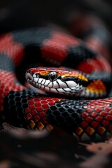 Coral Snake: A brightly colored coral snake slithering through a forest, Reptile. Wildlife. Snakes.