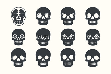 Skull Silhouette: Gothic Icon, Halloween Symbol, Death Concept, Spooky Design, Flat Vector Illustration. Set of 12 skull silhouettes