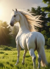 Fototapeta premium Majestic white stallion with a flowing mane and tail, standing in a lush green meadow under a bright sun, equine, white unicorn