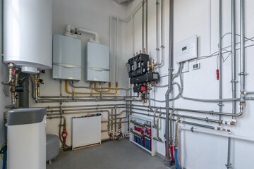 The design of an autonomous boiler room. A distribution system with pipes, switches, sensors and...