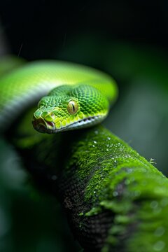 Green Tree Python in Rainforest: A striking green tree python coiled on a mossy branch, blending perfectly into its surroundings. Reptile. Wildlife. Snakes.