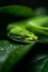 Fototapeta premium Green Tree Python in Rainforest: A striking green tree python coiled on a mossy branch, blending perfectly into its surroundings. Reptile. Wildlife. Snakes.