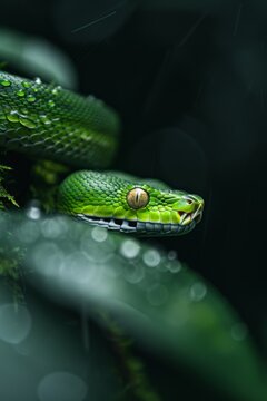Green Tree Python in Rainforest: A striking green tree python coiled on a mossy branch, blending perfectly into its surroundings. Reptile. Wildlife. Snakes.