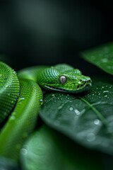 Fototapeta premium Green Tree Python in Rainforest: A striking green tree python coiled on a mossy branch, blending perfectly into its surroundings. Reptile. Wildlife. Snakes.