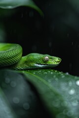 Obraz premium Green Tree Python in Rainforest: A striking green tree python coiled on a mossy branch, blending perfectly into its surroundings. Reptile. Wildlife. Snakes.