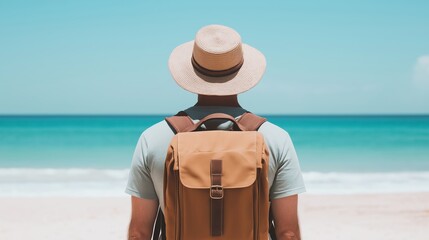 Fototapeta premium A traveler stands at the beach, gazing at the serene ocean. The scene captures the essence of adventure, relaxation, and exploration, inviting viewers to discover new places.