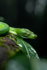 Obraz premium Green Tree Python in Rainforest: A striking green tree python coiled on a mossy branch, blending perfectly into its surroundings. Reptile. Wildlife. Snakes.