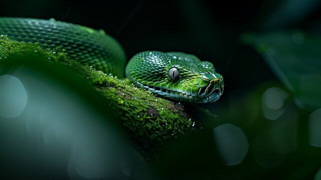 Green Tree Python in Rainforest: A striking green tree python coiled on a mossy branch, blending perfectly into its surroundings. Reptile. Wildlife. Snakes.
