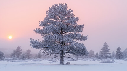 serene winter landscape featuring snow covered tree against pastel sunset. tranquil scene evokes sense of peace and beauty in nature winter wonderland