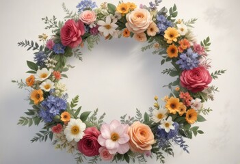Fototapeta premium Delicate watercolor floral wreath surrounding a large floral bouquet, floral wreath, art