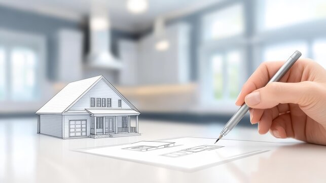 Detailed hand drawing a house plan on table, architectural design and creative process in progress