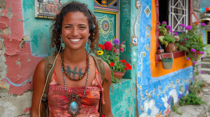 joyful woman with curly hair wearing headphones stands in front of colorful mural, surrounded by vibrant flowers and artistic decorations. Her smile radiates happiness and positivity