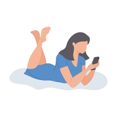 An ordinary young woman uses her smartphone while lying down. Online shopping, communication, studying. Vector illustration in flat style. 