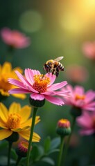 Tiny bee flying from one flower to another in a garden full of blooms, garden, flowers