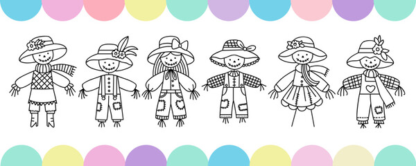 Cute scarecrow illustrations in line art, black and white outlines of whimsical scarecrows in hats and outfits, cute farm characters.