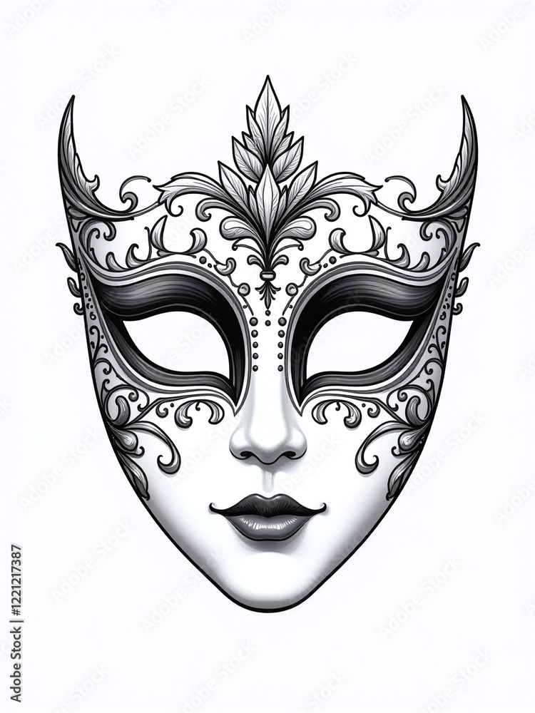 Poster a single, intricately designed venetian mask sits alone on a white background, ready for use in vari