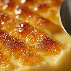 Intricate macro detail of Crème Brûlée caramelized sugar, highlighting crystal textures and...