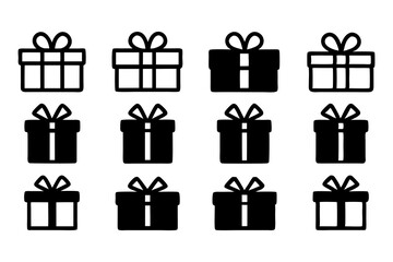 Gift box flat line silhouette stamp glyph set. Editable stroke universal kit icon site sticker label festive surprise mystery wrapping birthday decorating stencil decor design 