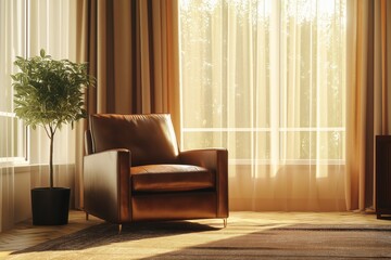 Cozy living space featuring a medium brown leather armchair, chocolate-colored rug, and creamy curtains.