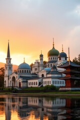 Obraz premium Sunset Serenity: Diverse Temples Mirrored in Golden Water