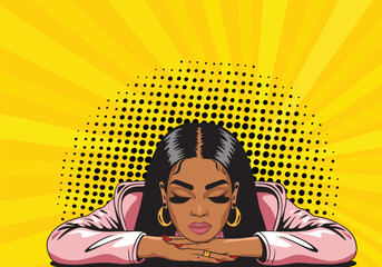 Vector retro pop art style illustration of a boring woman's face. African American woman sitting thoughtfully