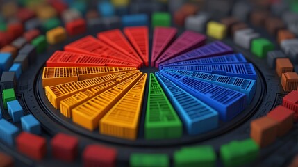 Obraz premium A vibrant circular arrangement of colorful blocks, showcasing a spectrum of colors and geometric shapes in a visually striking pattern.
