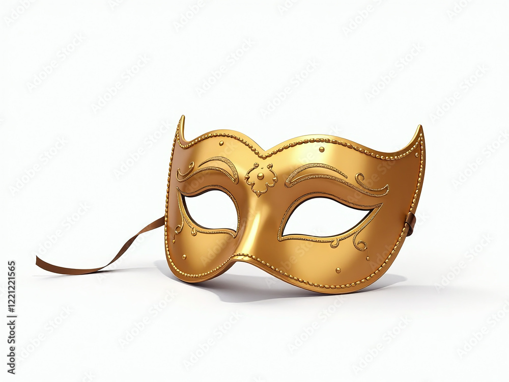 Poster a golden carnival mask sits alone against a plain white background in a simple yet elegant compositi