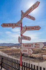 Route direction pole with different cities and North Pole with flight duration, Kangerlussuaq airport, Greenland