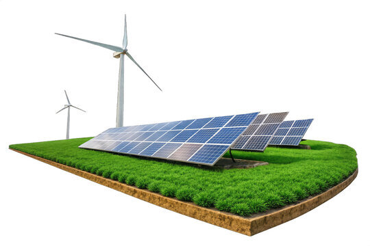 Green land energy setup with solar panels and wind turbine isolated on PNG Background