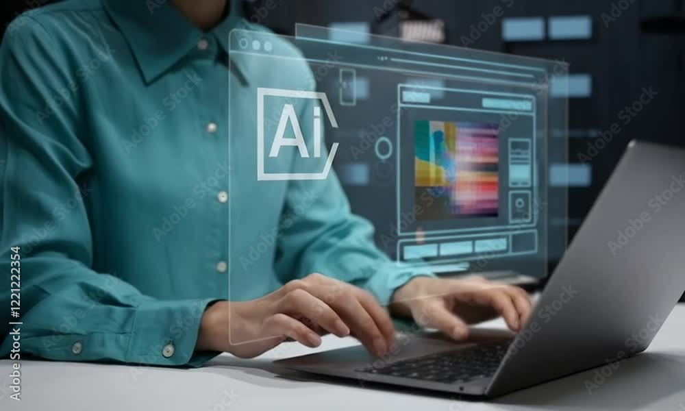 Poster ai image generation: futuristic software, man creating visuals on laptop, modern user interface, inn