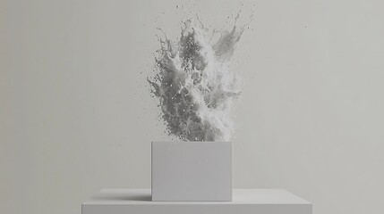 A high-speed shot capturing a powerful water splash as it collides with a plain white surface, with droplets frozen in mid-air