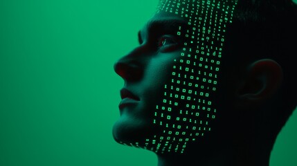 A profile of a person with a digital code pattern projected on their face, illuminated by a green light, symbolizing technology and data.